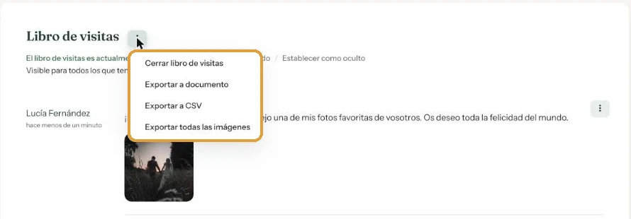El menú del libro de visitas con Cerrar libro de visitas arriba del todo