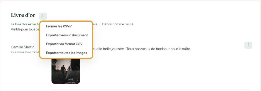 La page du livre d&rsquo;or dans le tableau de bord avec la visibilité actuelle sous le titre