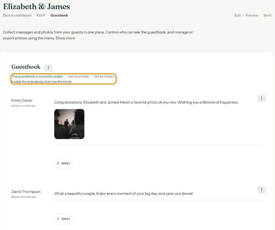The guestbook page in the dashboard with a message, photos, the menu and the reply button