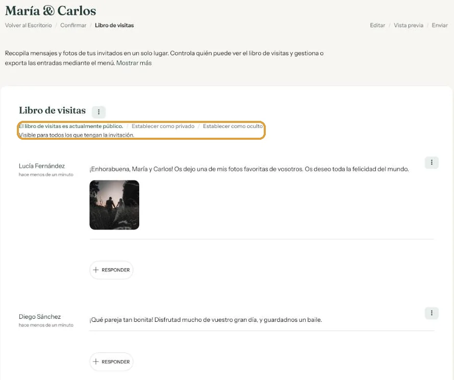 La página del libro de visitas en el panel con un mensaje, fotos, el menú y el botón responder