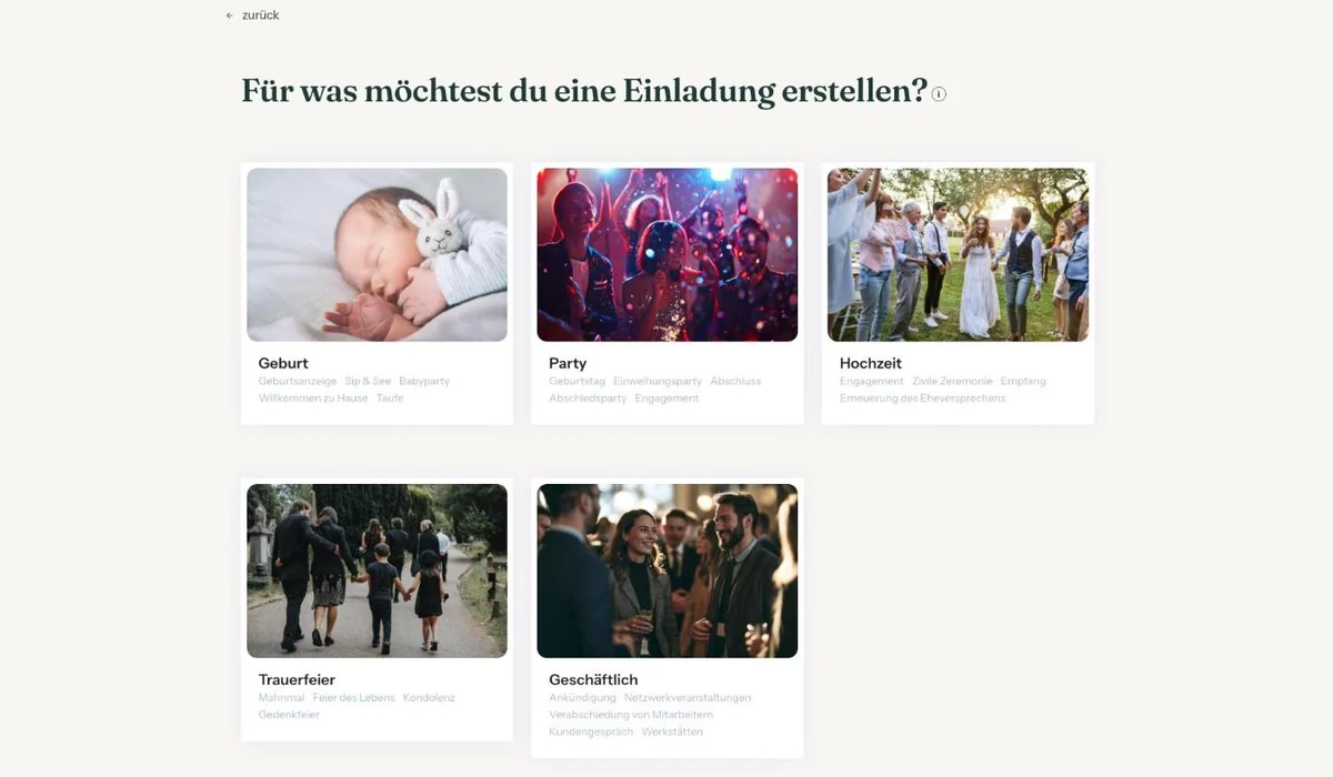 Der Bildschirm zur Wahl des Anlasses mit den verschiedenen Kategorien