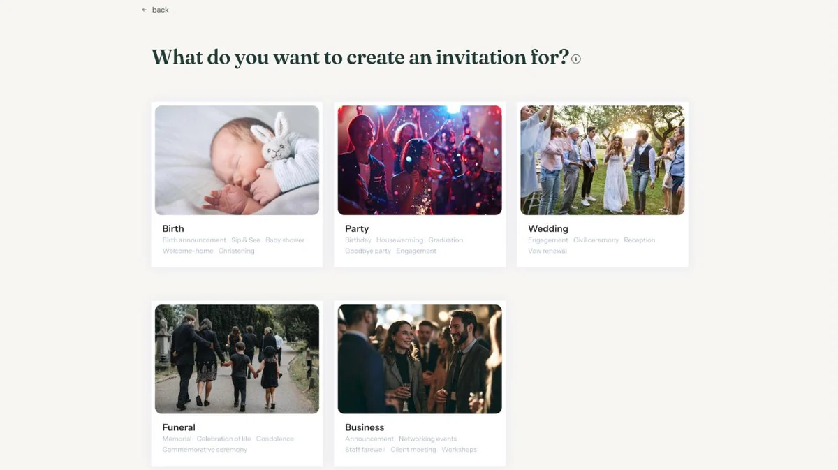 The screen What do you want to create an invitation for, with the occasions Birth, Party and Wedding