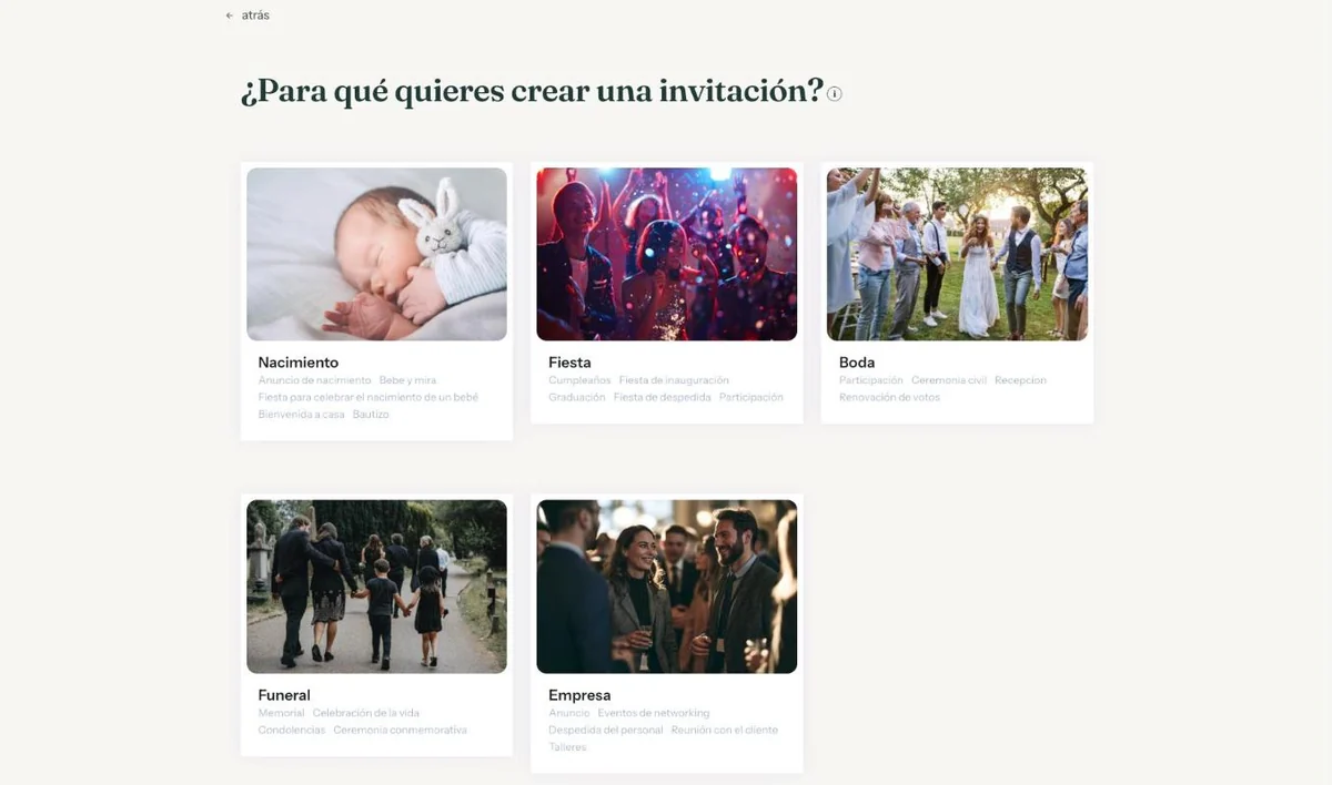 La pantalla para qué quieres crear una invitación, con Nacimiento, Fiesta y Boda