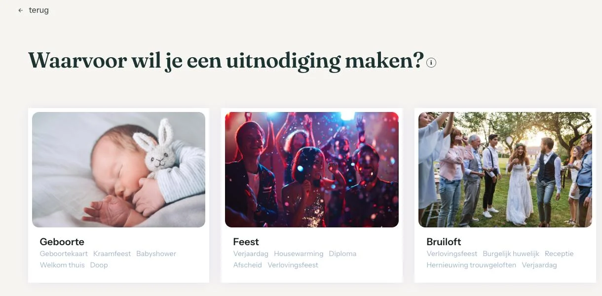 Het scherm Waarvoor wil je een uitnodiging maken met de verschillende gelegenheden