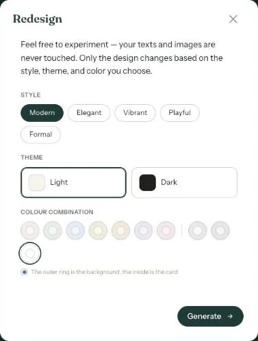 The Redesign window with style, theme and colour combination