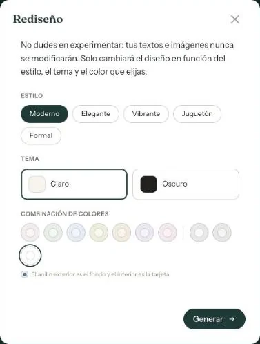 La ventana Rediseño con estilo, tema y combinación de colores