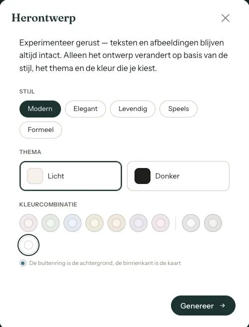 Het venster Herontwerp met Stijl, Thema, Kleurcombinatie en de knop Genereer