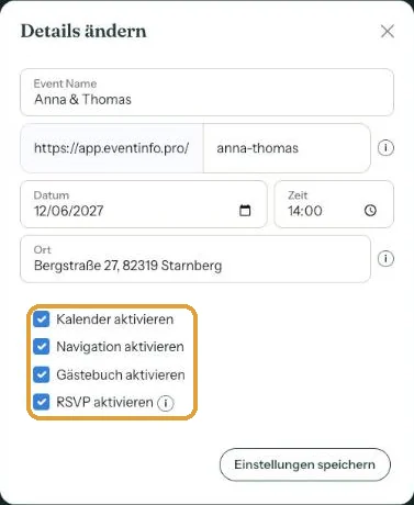 Das Fenster Details ändern mit Datum, Zeit, Ort und dem Häkchen Kalender aktivieren