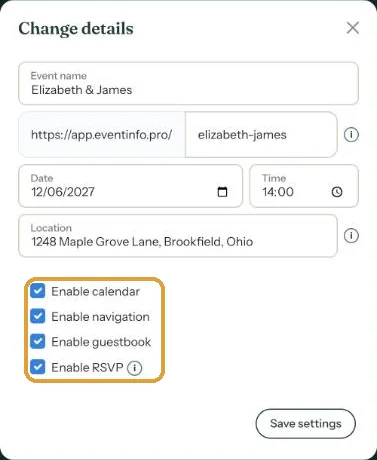 The Change details window with date, time, location and the Enable calendar tick box