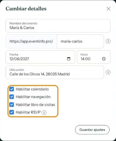 La ventana Cambiar detalles con fecha, hora, ubicación y la casilla Habilitar calendario
