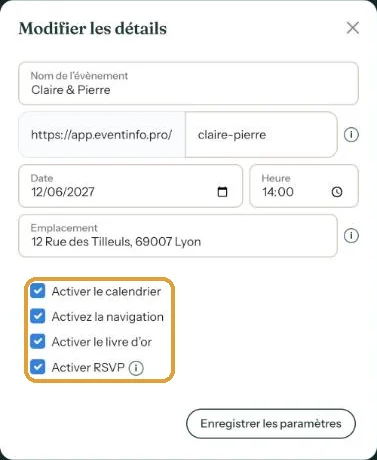 La fenêtre Modifier les détails avec les cases calendrier, navigation, livre d&rsquo;or et RSVP