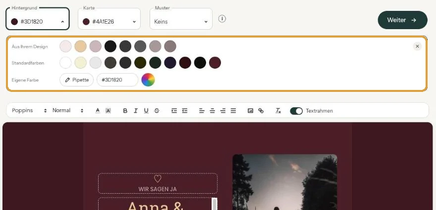 Die Farbleiste mit den Zeilen Aus Ihrem Design, Standardfarben und Eigene Farbe