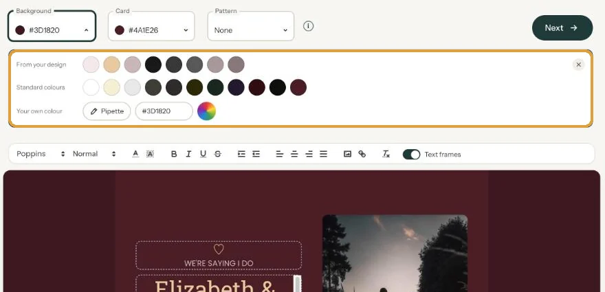 The colour bar with the rows From your design, Standard colours and Your own colour