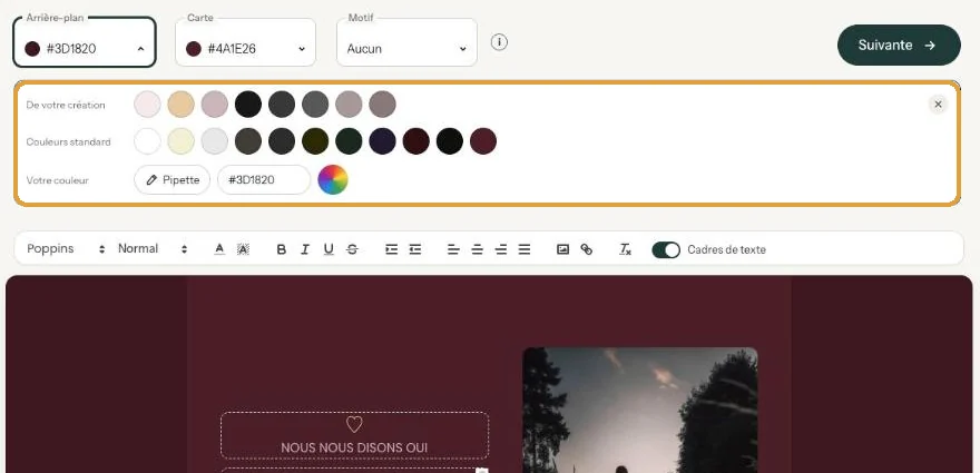 La barre de couleurs sous le champ Arrière-plan avec les couleurs standard et Votre couleur