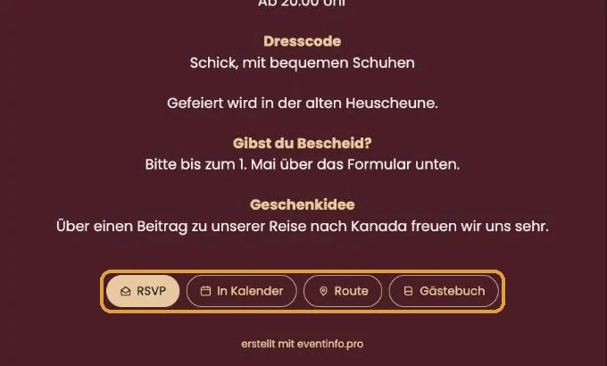 Die Schaltflächen RSVP, In Kalender, Route und Gästebuch unten in einer Einladung