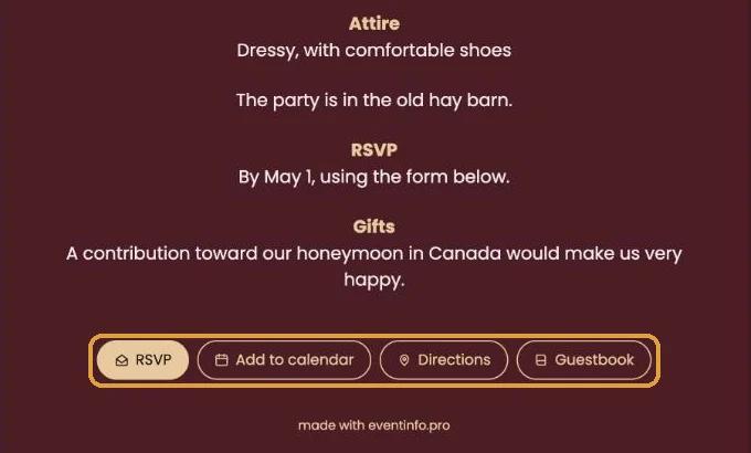 The buttons RSVP, Add to calendar, Directions and Guestbook at the bottom of an invitation