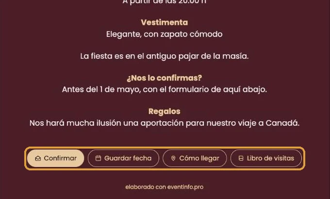 Los botones Confirmar, Guardar fecha, Cómo llegar y Libro de visitas al pie de una invitación