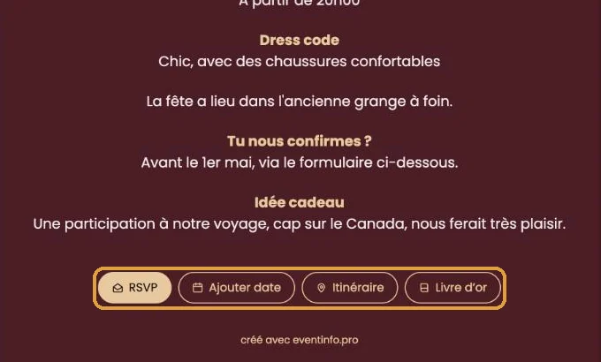 Les boutons RSVP, Ajouter date, Itinéraire et Livre d&rsquo;or en bas d&rsquo;une invitation