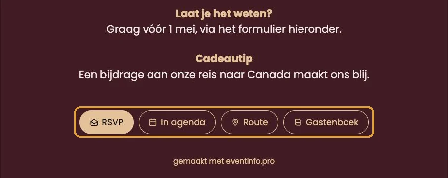 De knoppen RSVP, In agenda, Route en Gastenboek onderaan een uitnodiging