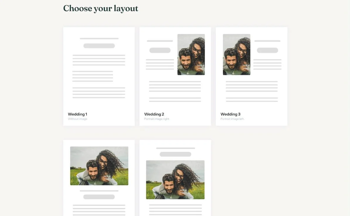 The Choose your layout screen with the first three layouts for a wedding