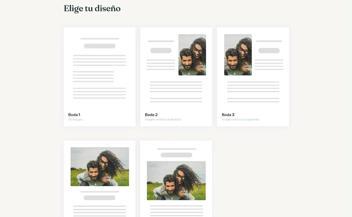 La pantalla Elige tu diseño con las tres primeras composiciones para una boda