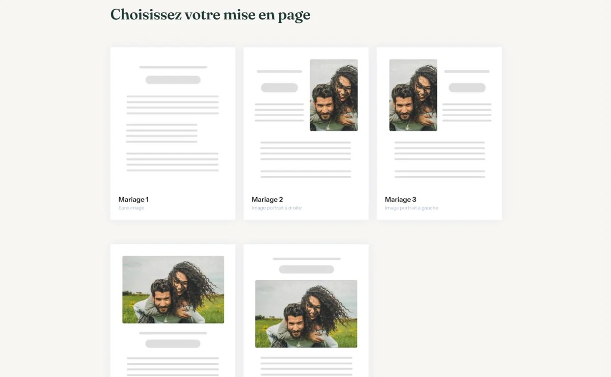 L&rsquo;écran Choisissez votre mise en page avec les trois premières mises en page pour un mariage