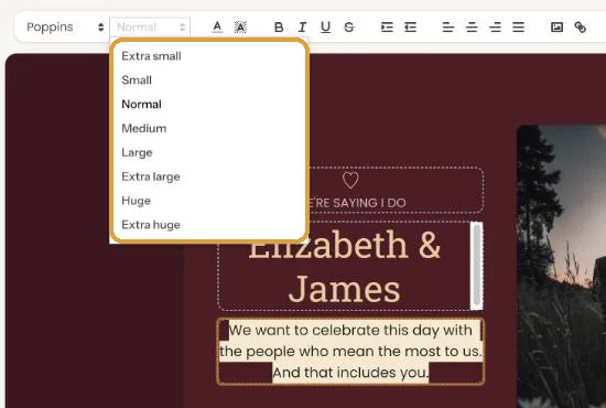 The Font-size menu open, with sizes from Extra small to Extra huge