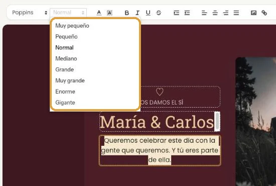 El menú Tamaño de letra abierto, con tamaños de Muy pequeño a Gigante
