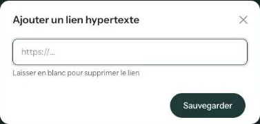 La fenêtre Ajouter un lien hypertexte avec un champ pour l&rsquo;adresse et le bouton Sauvegarder