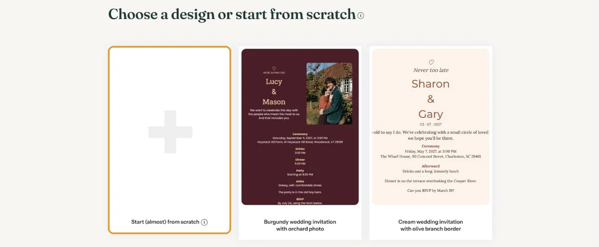 Wedding designs, with the Start (almost) from scratch tile on the left