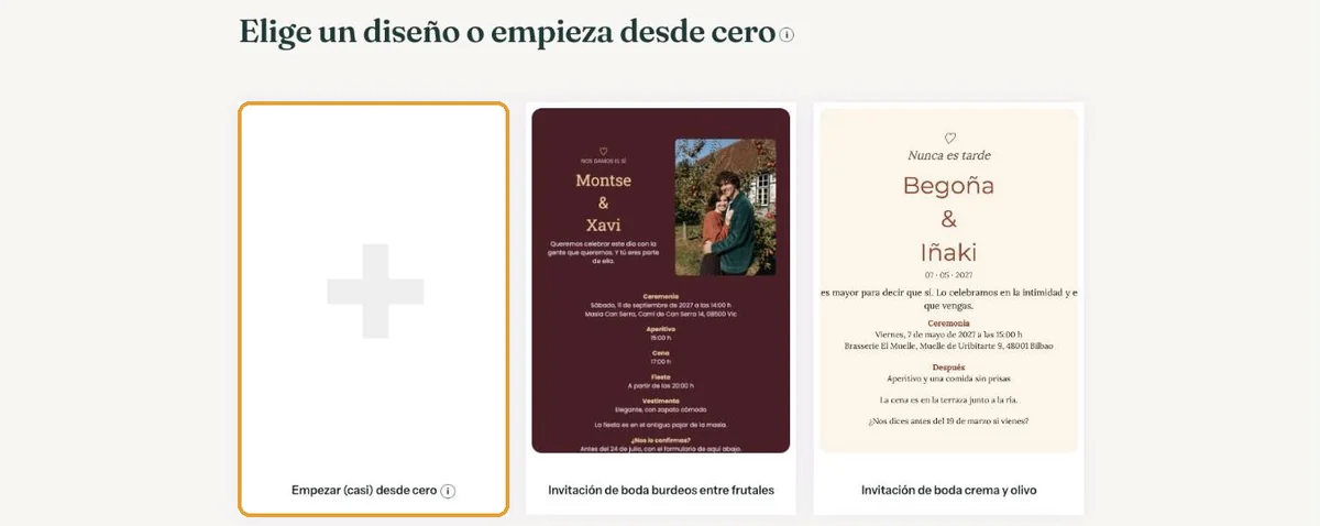 Diseños de boda, con la casilla Empezar (casi) desde cero a la izquierda