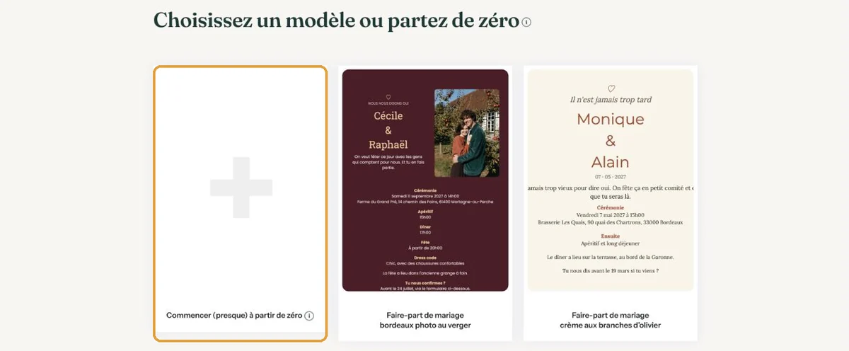 Modèles de mariage prêts à l&rsquo;emploi à côté de la case Commencer (presque) à partir de zéro