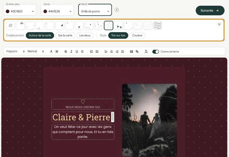 La barre des motifs avec des vignettes et les options Emplacement et Style