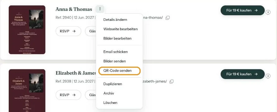 Das Drei-Punkte-Menü im Dashboard mit hervorgehobenem QR-Code senden