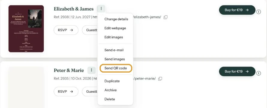 The three-dot menu in the dashboard with Send QR code highlighted