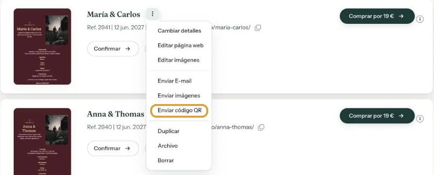 El menú de tres puntos del Escritorio con Enviar código QR resaltado