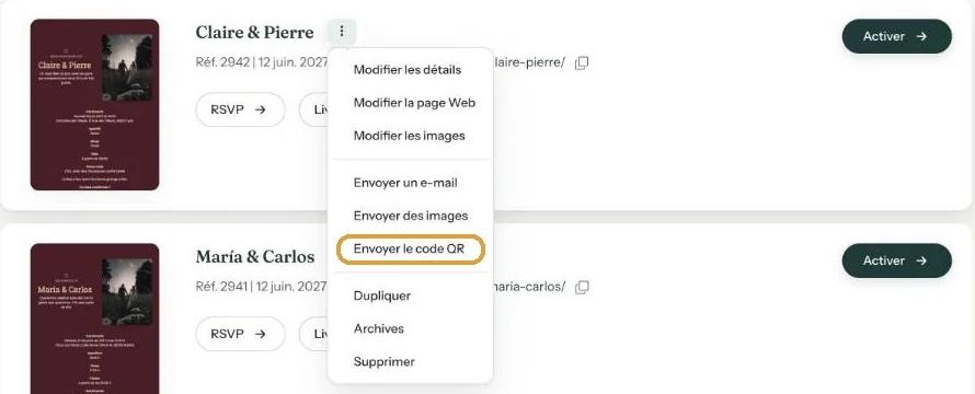 Le menu à trois points du tableau de bord avec Envoyer le code QR mis en évidence