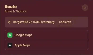 Das Routenfenster mit der Adresse, einer Kopierschaltfläche und der Wahl zwischen Google Maps und Apple Maps