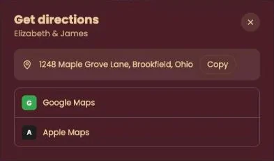 The Directions window with the address, a Copy button and the choices Google Maps and Apple Maps