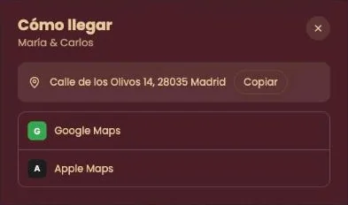 La ventana Cómo llegar con la dirección, el botón Copiar y las opciones Google Maps y Apple Maps
