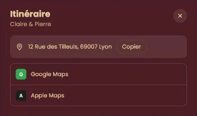 La fenêtre Itinéraire avec l&rsquo;adresse, un bouton pour copier et le choix entre Google Maps et Apple Maps