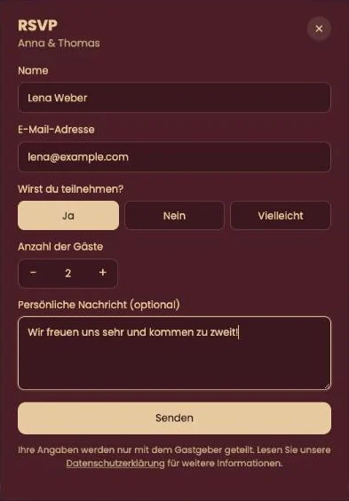 Das RSVP-Fenster mit Name, E-Mail-Adresse, der Auswahl Ja, Nein oder Vielleicht und der Anzahl der Gäste