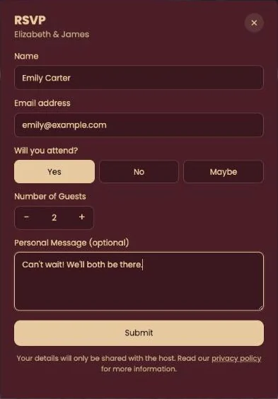 The RSVP window with Name, Email address, the choice Yes, No or Maybe and a personal message