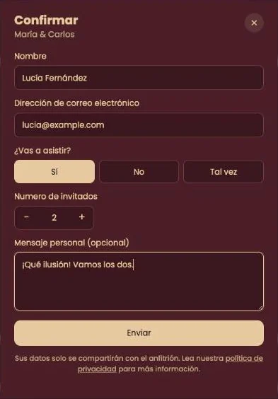 La ventana de confirmación con nombre, correo, la opción Sí, No o Tal vez y el número de invitados