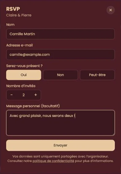 La fenêtre RSVP avec le nom, l&rsquo;adresse e-mail, le choix Oui, Non ou Peut-être et un message personnel