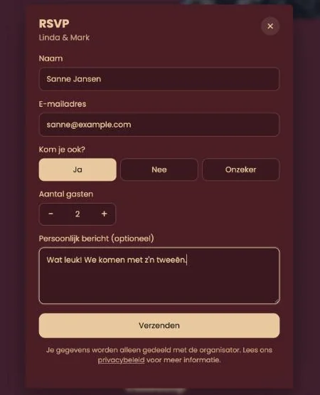 Het RSVP-venster met Naam, E-mailadres, de keuze Ja, Nee of Onzeker en een persoonlijk bericht