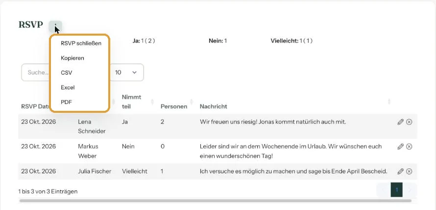 Das Menü der RSVP-Seite mit RSVP schließen ganz oben
