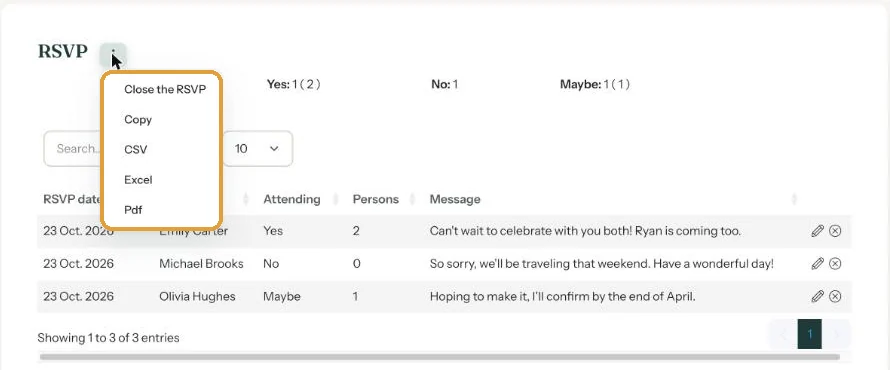 The menu on the RSVP page with Close the RSVP at the top