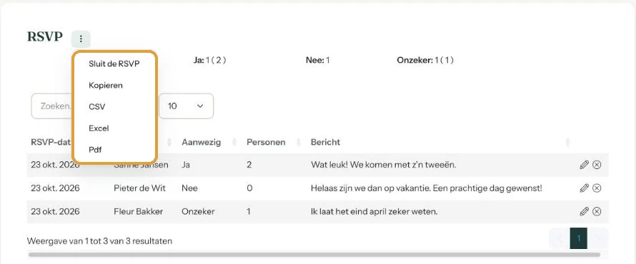 Het menu op de RSVP-pagina met bovenaan Sluit de RSVP