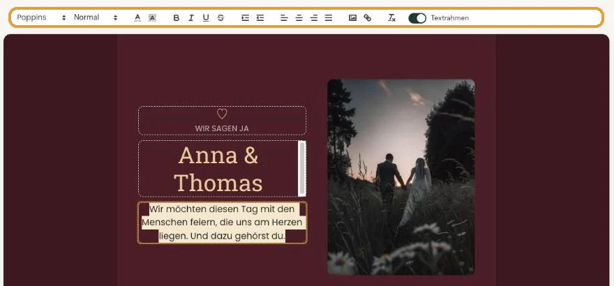Die Textleiste über der Karte mit Schriftart, Größe, Farbe und den Schaltflächen für fett und kursiv